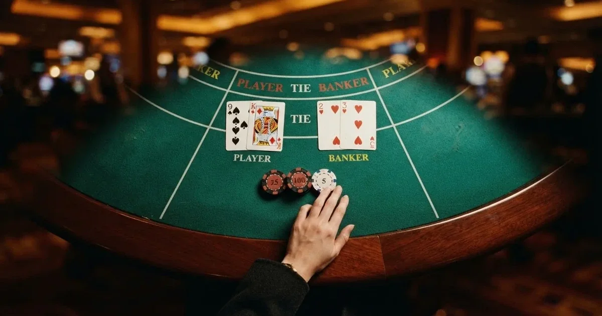 Valaistu pelipöytä ja pelikortit ylhäältä kuvattuna — baccarat kasinopelit