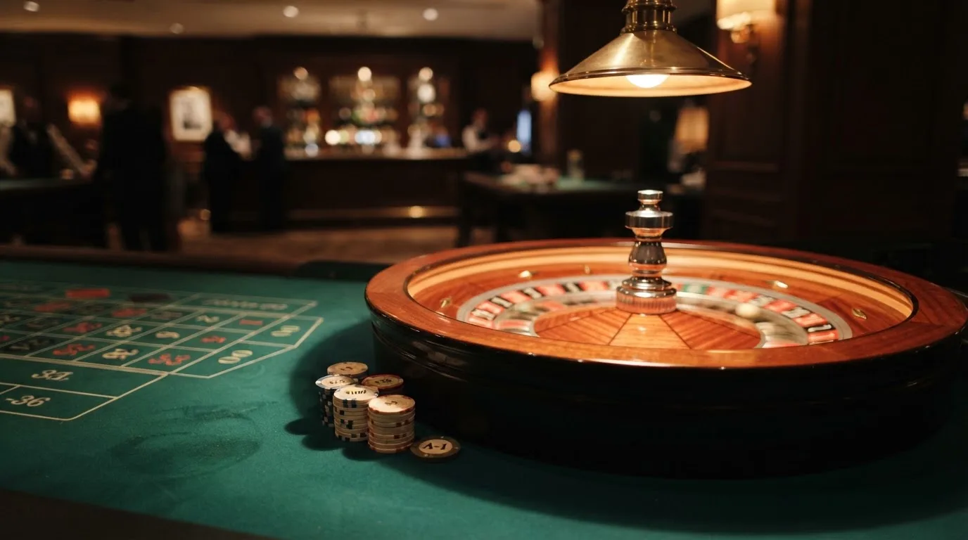 Rulettipyörä ja pelimerkit vihreällä huovalla lämpimässä iltavalossa — casino ventti