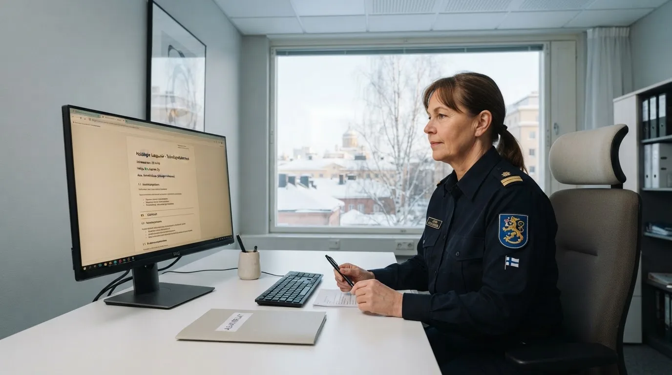 Virkailija istuu vaaleassa virastohuoneessa tietokoneen ääressä, ikkunasta näkyy talvinen kaupunkimaisema.