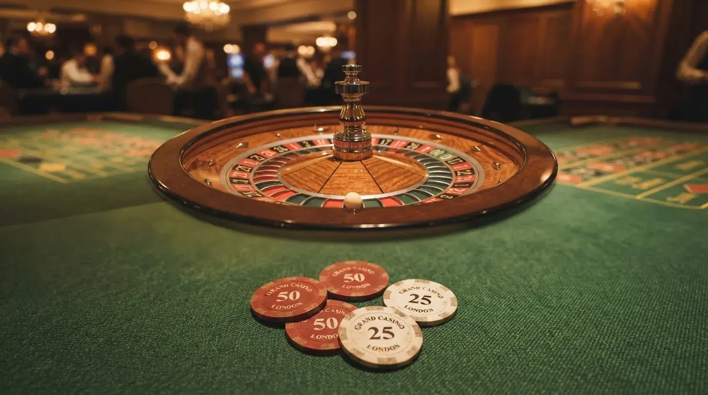 Rulettipyörä ja pelimerkit vihreällä huovalla lämpimässä iltavalossa — kolikkopelit casino pelit