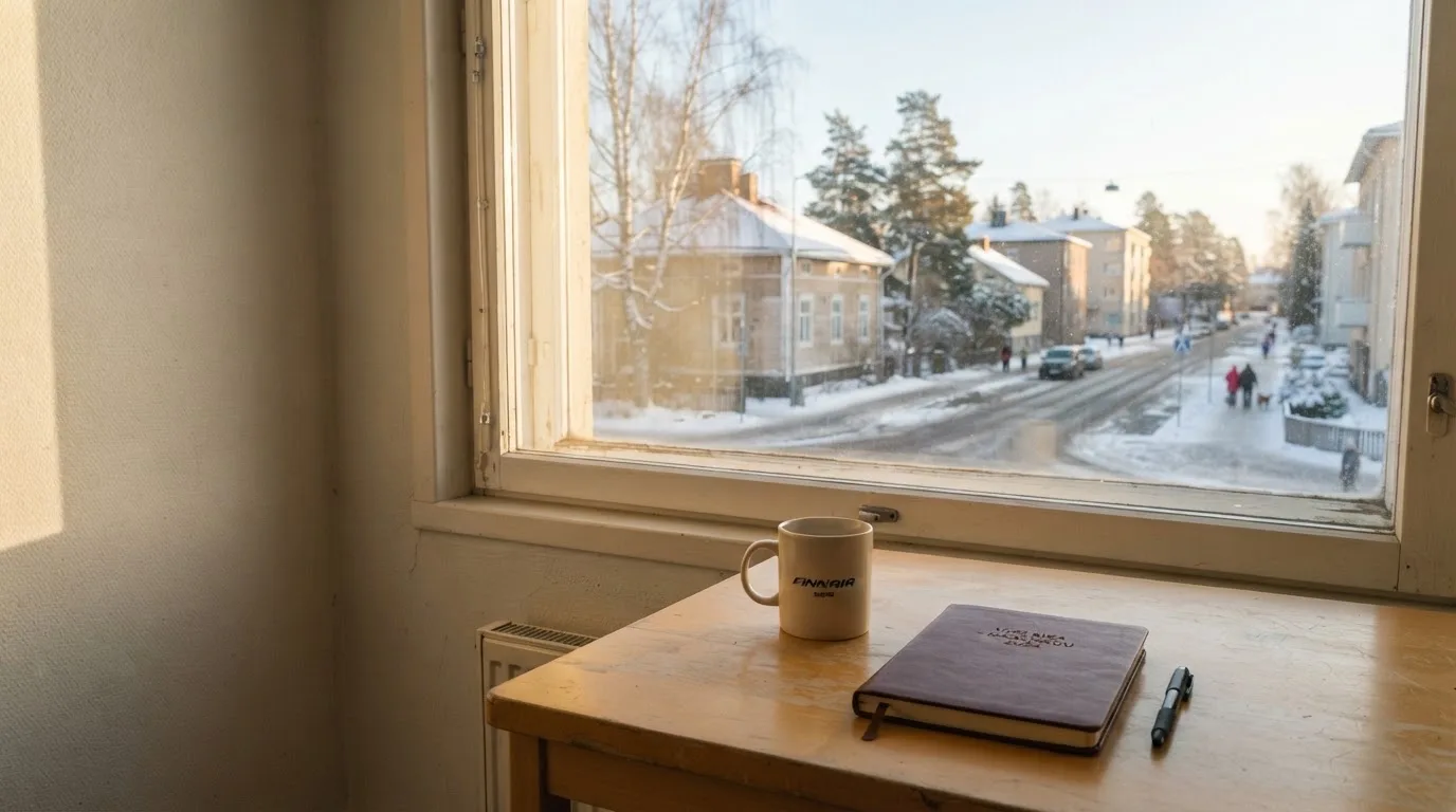 Toimistohuoneen ikkunasta näkyy maaliskuun aamu, lumi sulaa katolla auringonpaisteessa hiljaisella aamulla.