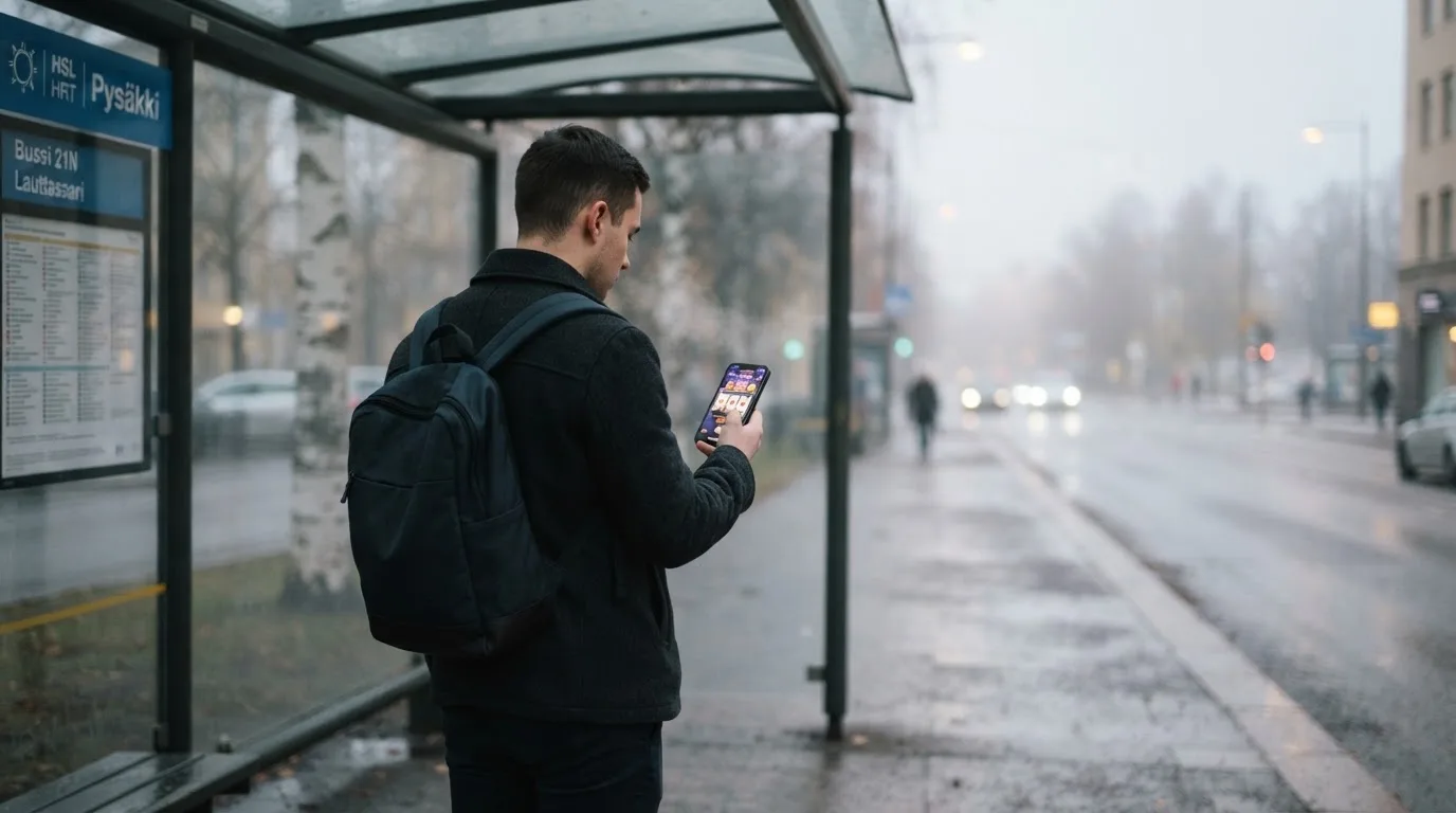 Nuori mies selaa älypuhelinta bussipysäkillä odottaessaan iltapäivällä, taustalla sumuinen katunäkymä.