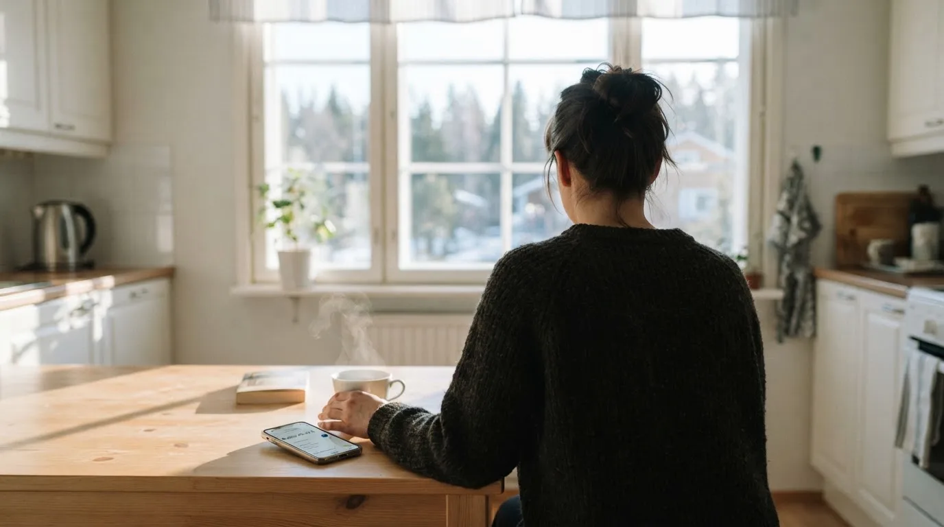 Henkilö istuu keittiön pöydän ääressä teekupin kanssa katsellen ulos ikkunasta aamulla.