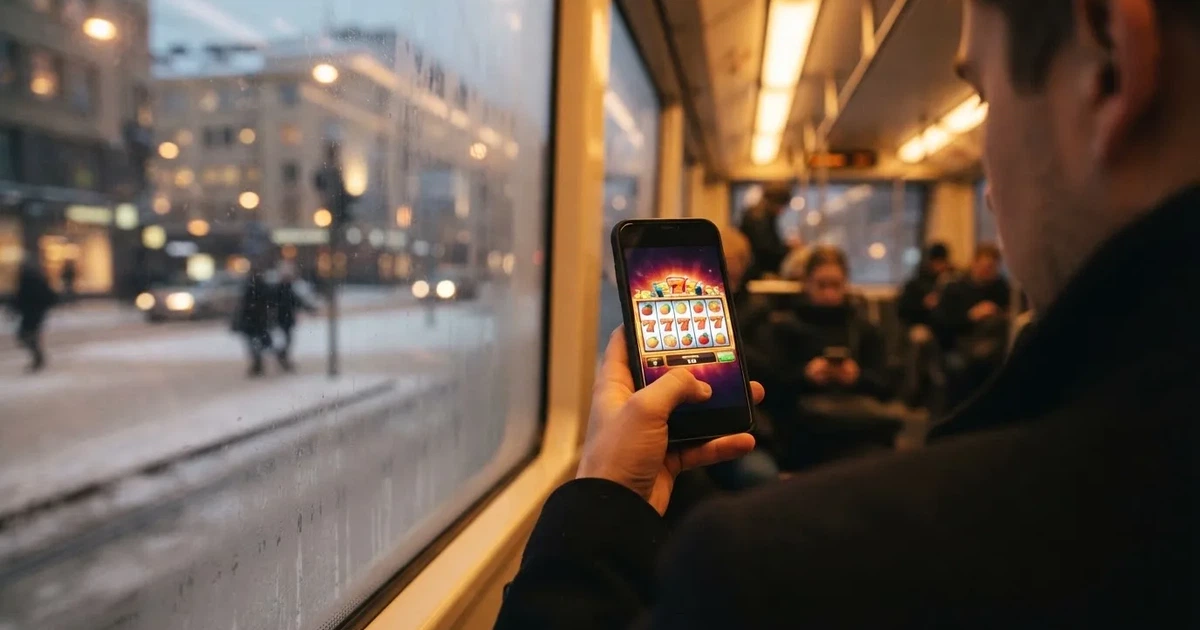 Puhelin kädessä Helsingin raitiovaunussa talvi-iltana — paras mobiili kasino sovellukset